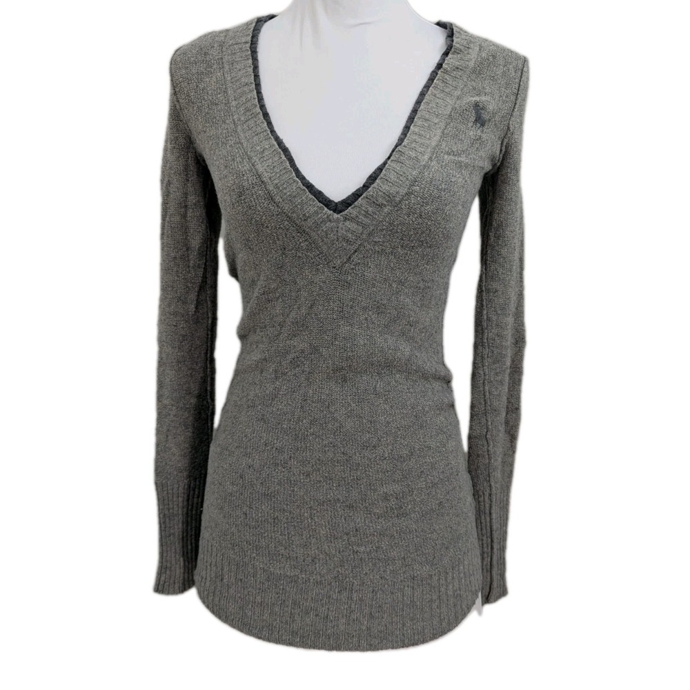 Y2K Abercrombie Fitch Grey V-Neck Sweater Cotton Rayon Wool Nylon Angora Rabbit